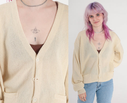 80s Alpaca Wool Cardigan Cream Button-Up Knit Sweater Men's Large L