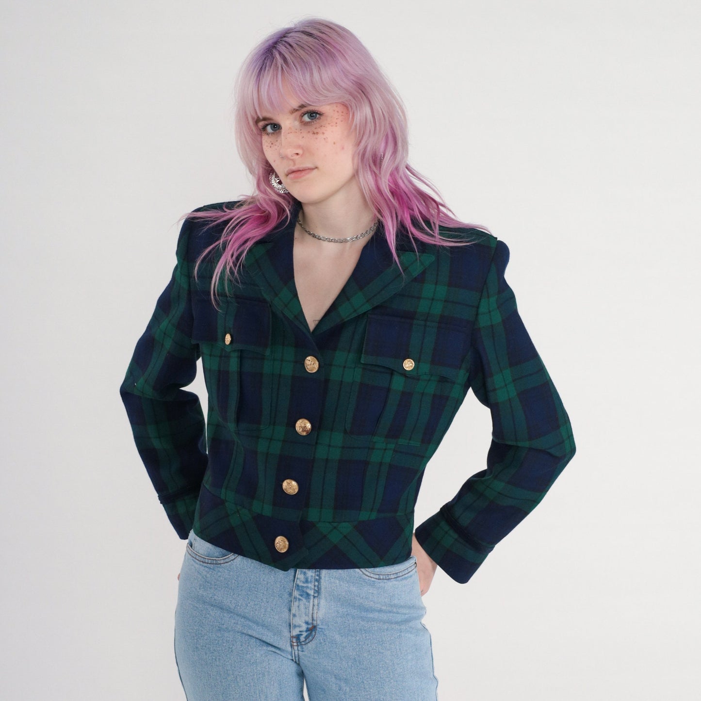 90s Talbots Plaid Wool Blazer Cropped Blue Green Tartan Small 6