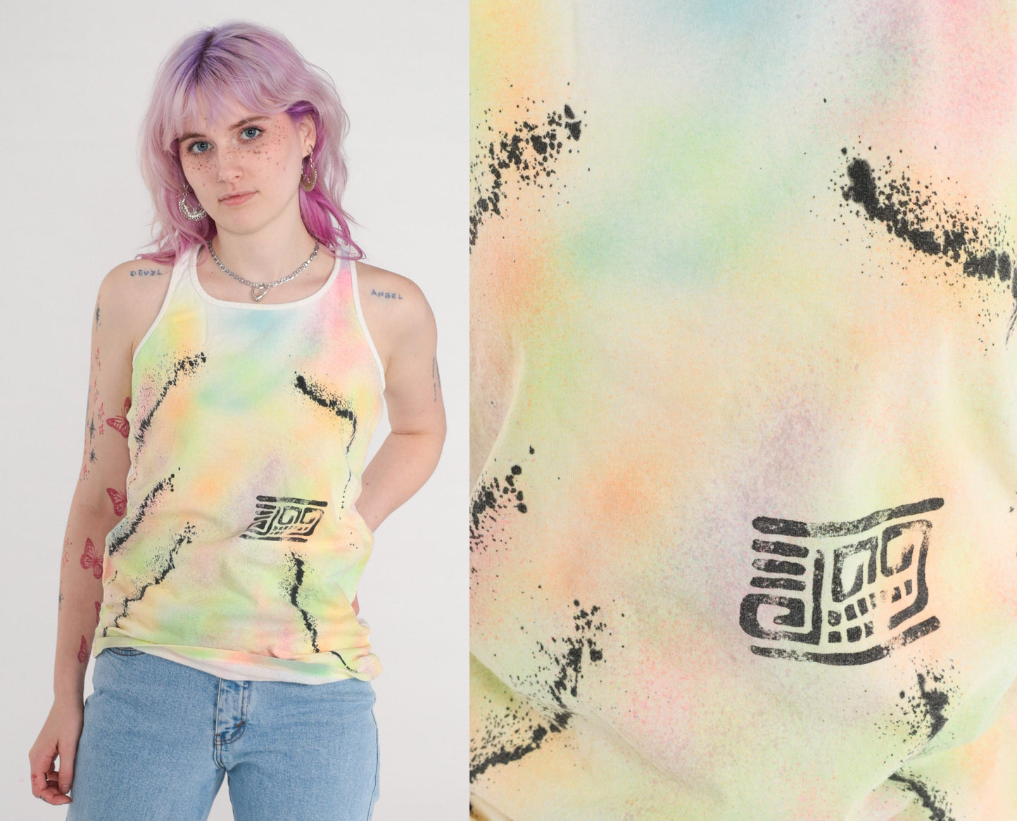 90s Airbrushed Neon Geometric Tank Top White Orange Green Small S