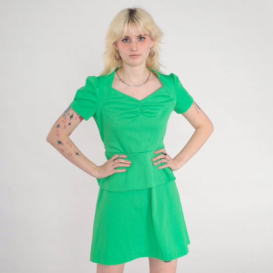 70s Spring Green Mini Dress Puff Sleeve V-Neck High Waist Peplum Small