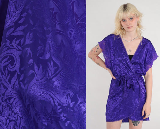 90s Purple Embossed Lingerie Robe Cap Sleeve Wrap Belted Mini Small S