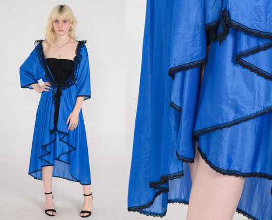 80s Frederick's of Hollywood Blue Lace Lingerie Robe High Low Hem Medium