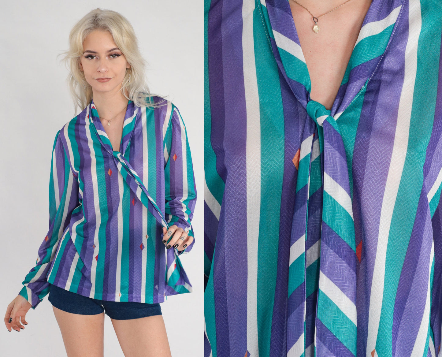 70s Striped Necktie Blouse Purple Green White Diamond Print Button Up Medium