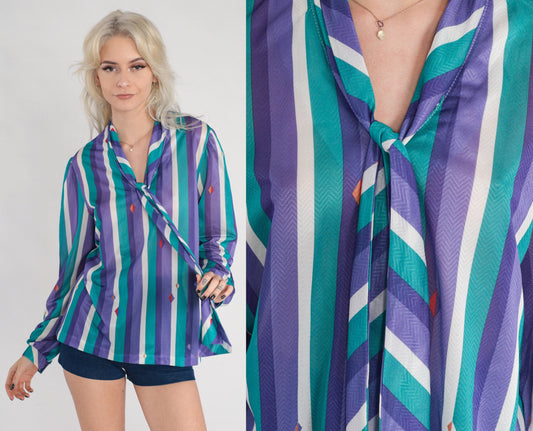70s Striped Necktie Blouse Purple Green White Diamond Print Button Up Medium