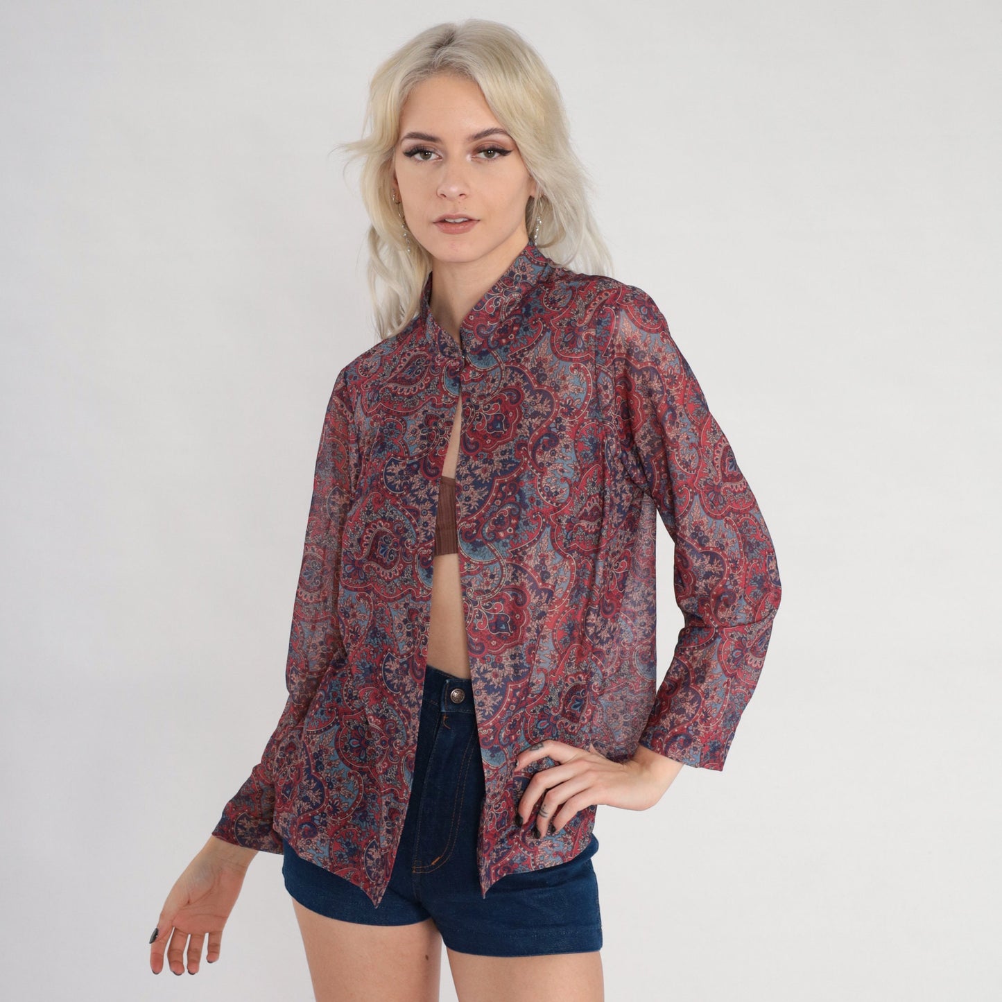 70s Indian Floral Open Front Blouse Mandarin Collar Long Sleeve Medium