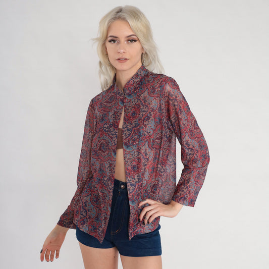 70s Indian Floral Open Front Blouse Mandarin Collar Long Sleeve Medium