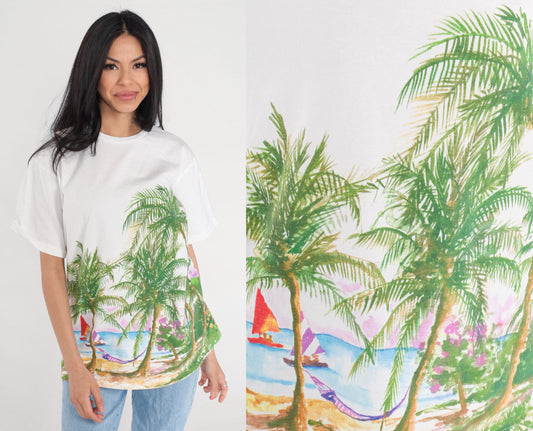 90s Beach Graphic T-Shirt Palm Tree Hammock Island White Cotton Medium