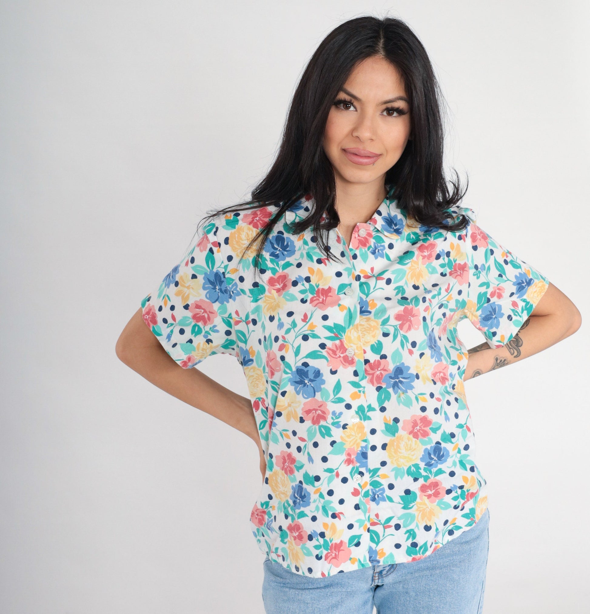 80s Floral Polka Dot Button-Up Blouse White Short Sleeve Medium M