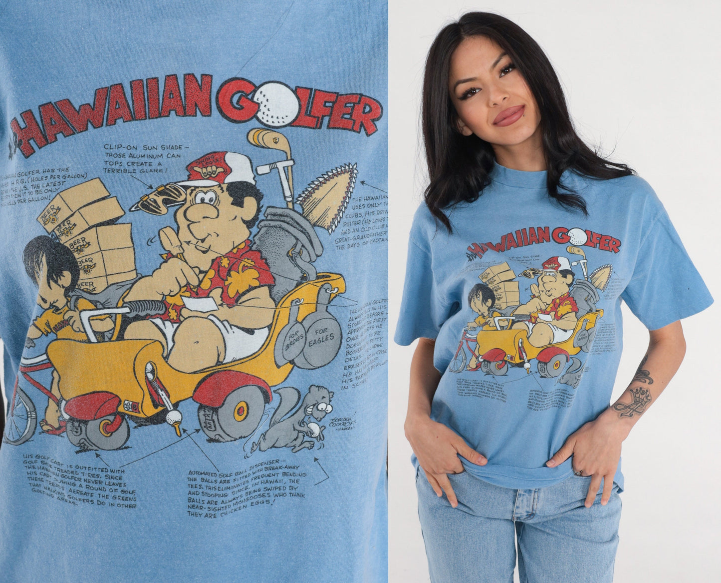 90s Hawaiian Golfer Graphic T-Shirt Blue Funny Sports Joke Tee Medium
