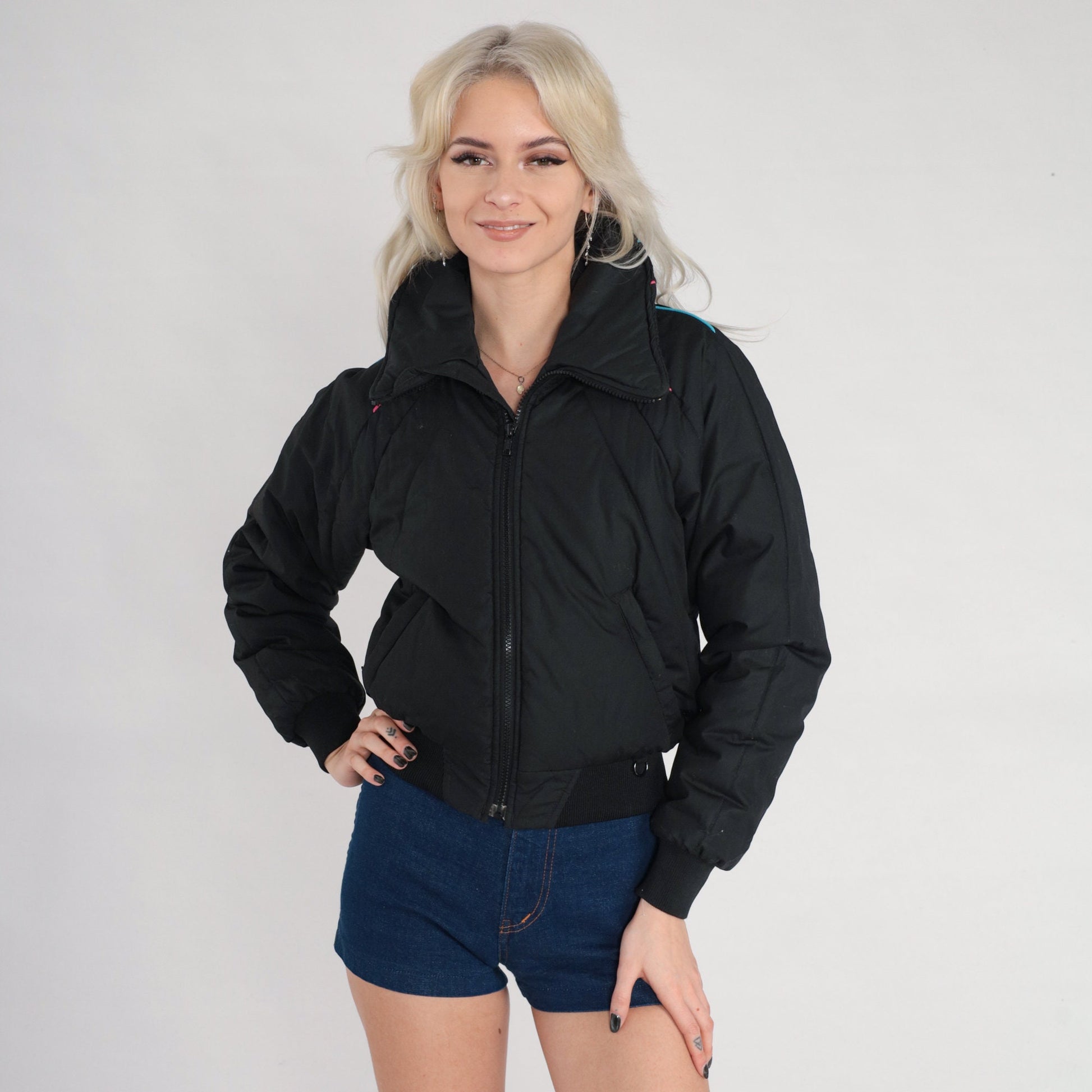 70s Black Puffer Ski Jacket Pink Blue Piping Zip Bomber Extra Small