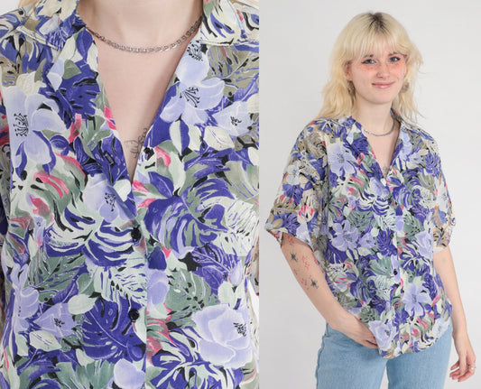 80s Floral Button Up Blouse Purple Green Short Sleeve Tropical Print Medium