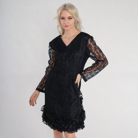 80s Black Lace Mini Dress V-Neck Ruffled Hem Long Sheer Sleeve Medium