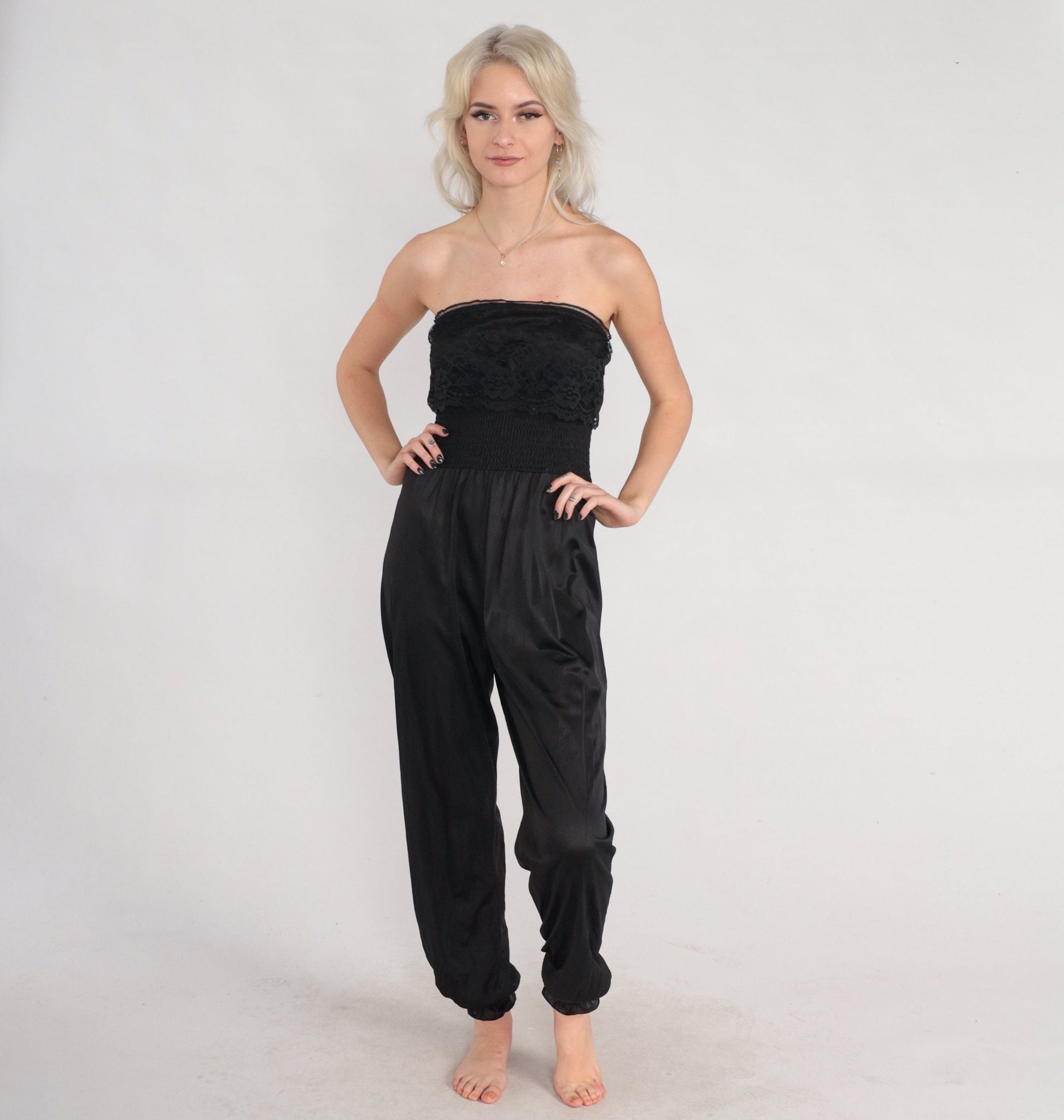 80s Black Strapless Lingerie Jumpsuit Lace Trim High Waist Nylon Medium Large