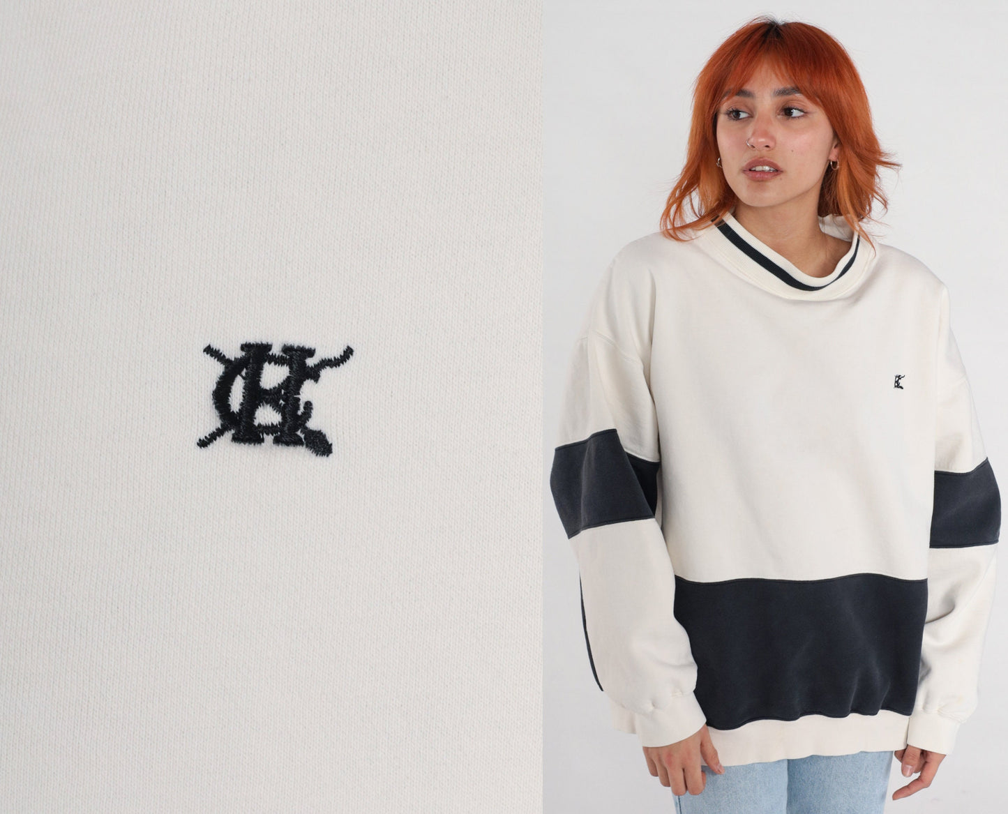 90s Hunt Club Color Block Sweatshirt Black White Ringer Crewneck Extra Large XL