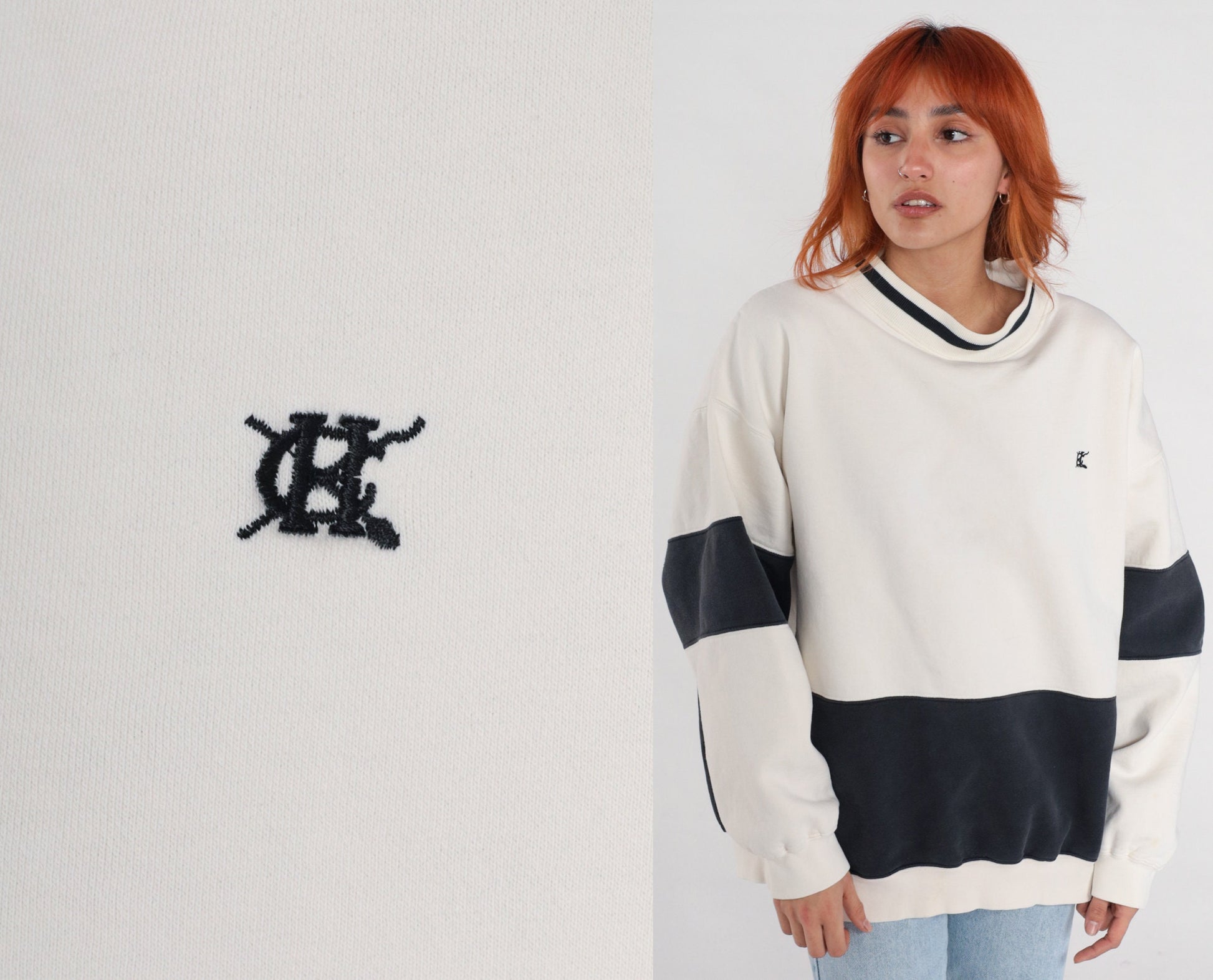 90s Hunt Club Color Block Sweatshirt Black White Ringer Crewneck Extra Large XL