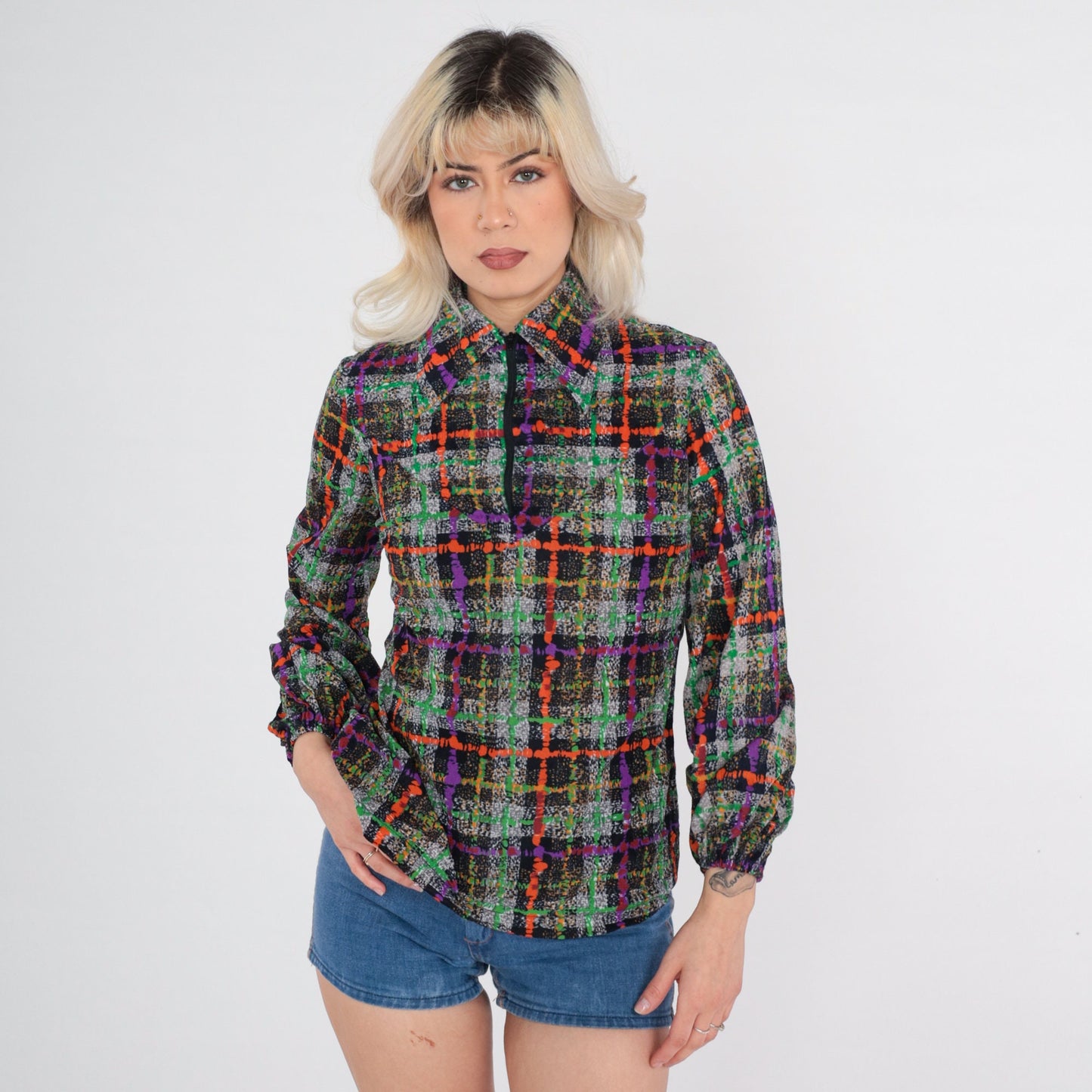 70s Panhandle Slim Checkered Zip Blouse Dagger Collar Multicolor Small S