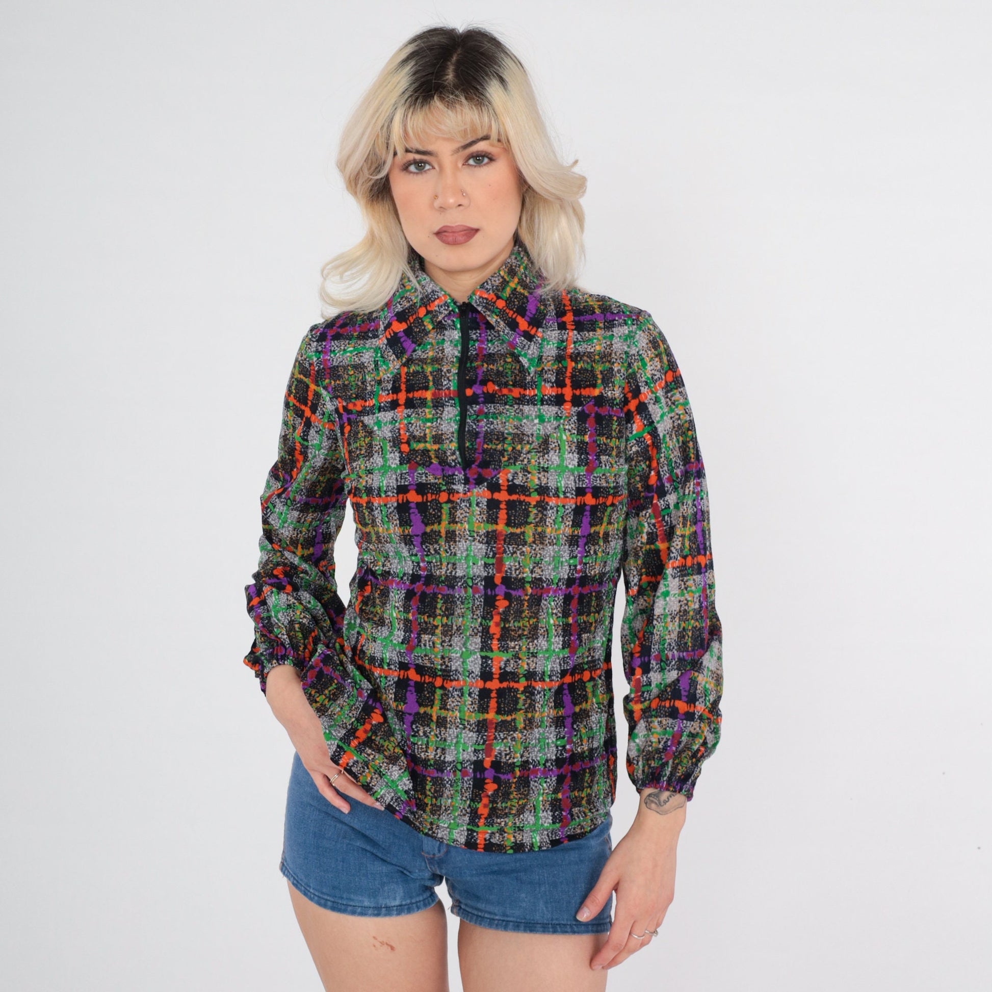 70s Panhandle Slim Checkered Zip Blouse Dagger Collar Multicolor Small S