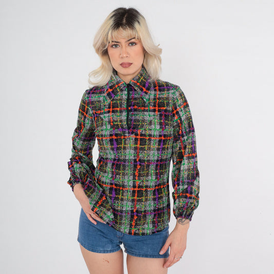 70s Panhandle Slim Checkered Zip Blouse Dagger Collar Multicolor Small S