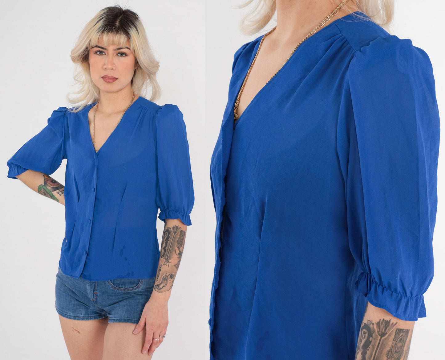 70s Royal Blue Sheer Blouse Puff Sleeve Button Up V Neck Small