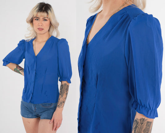 70s Royal Blue Sheer Blouse Puff Sleeve Button Up V Neck Small