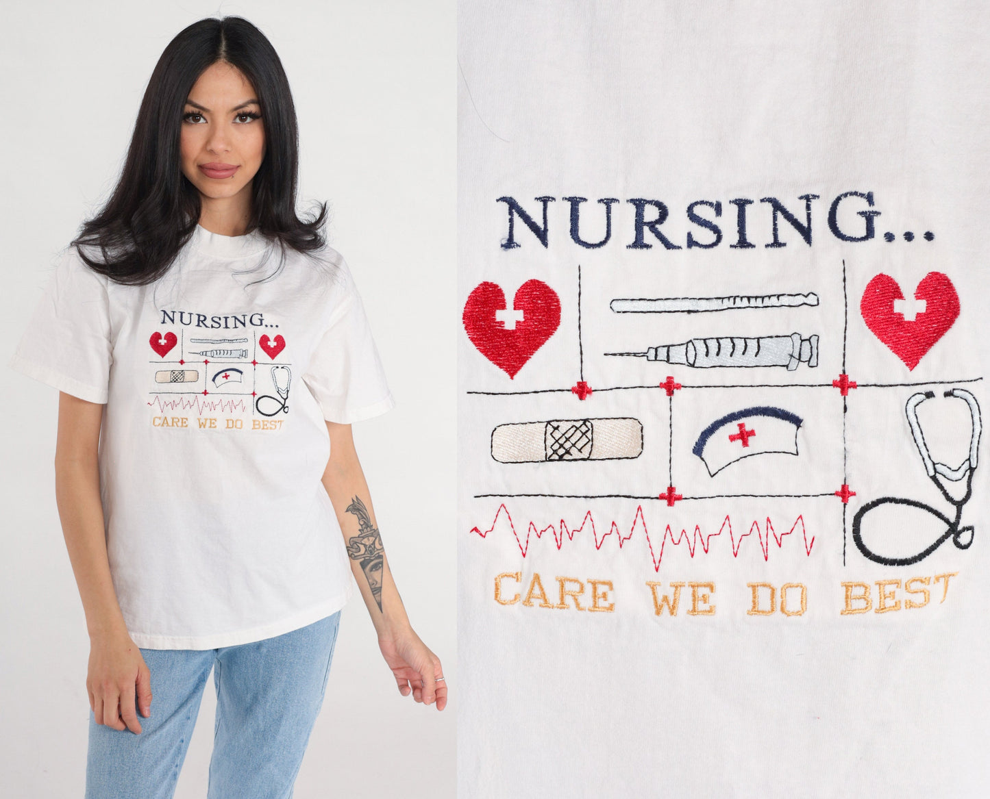 90s Nurse Graphic T-Shirt "Care We Do Best" Embroidered White Cotton Medium M