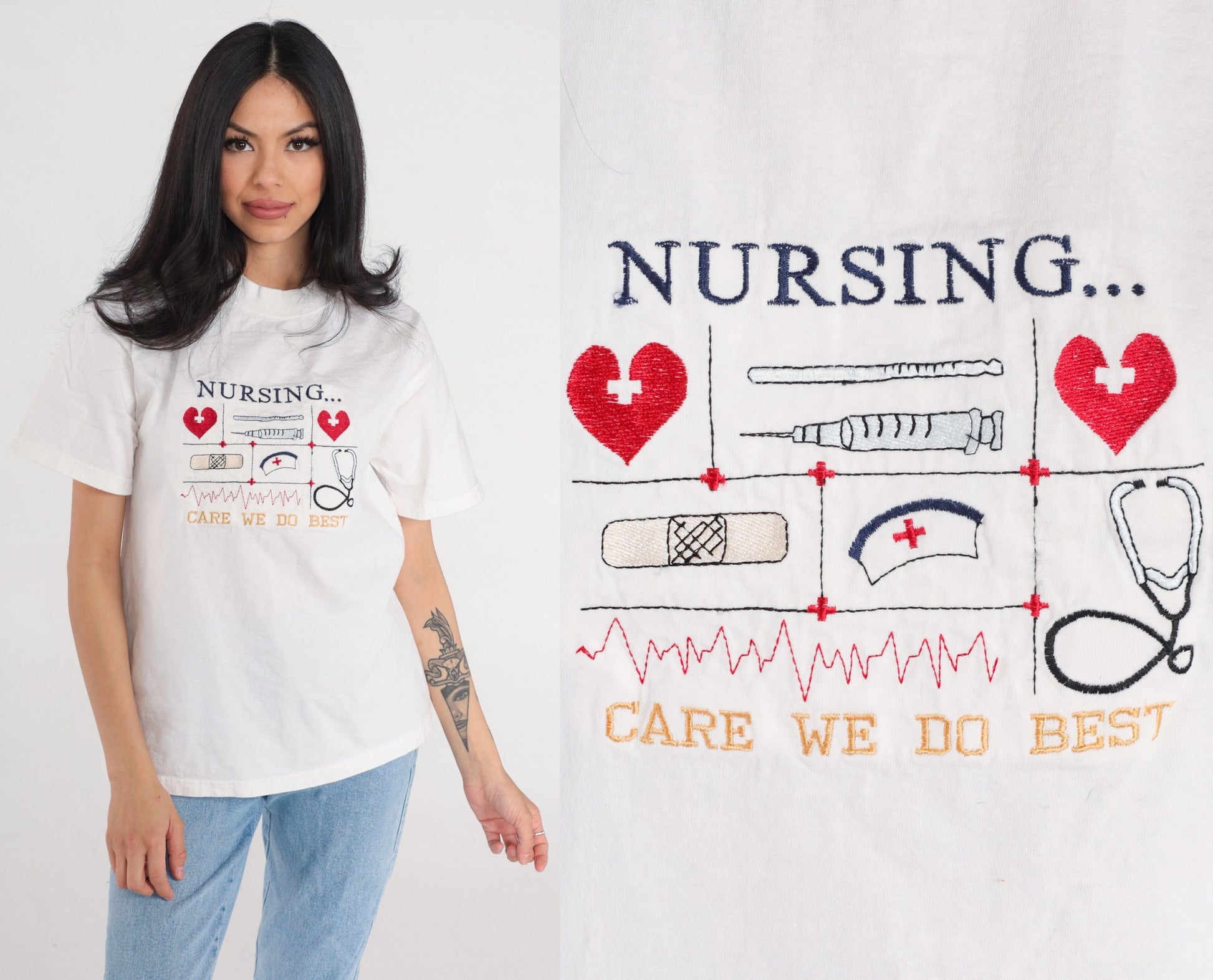 90s Nurse Graphic T-Shirt "Care We Do Best" Embroidered White Cotton Medium M