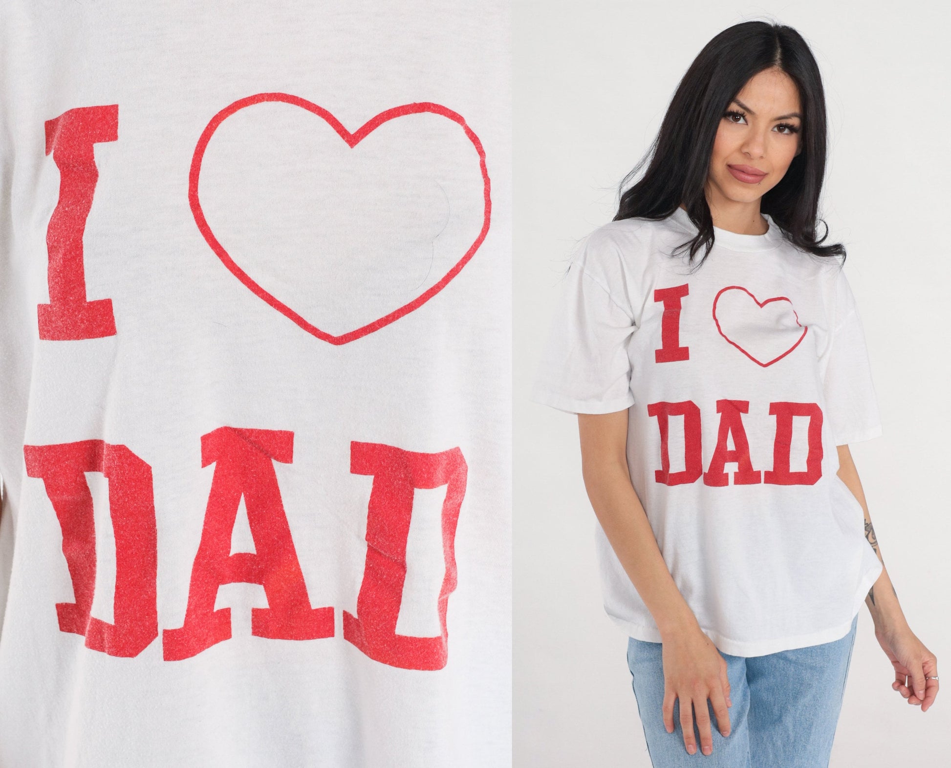 80s I Heart Dad Graphic T-Shirt White Cotton Tee Large L