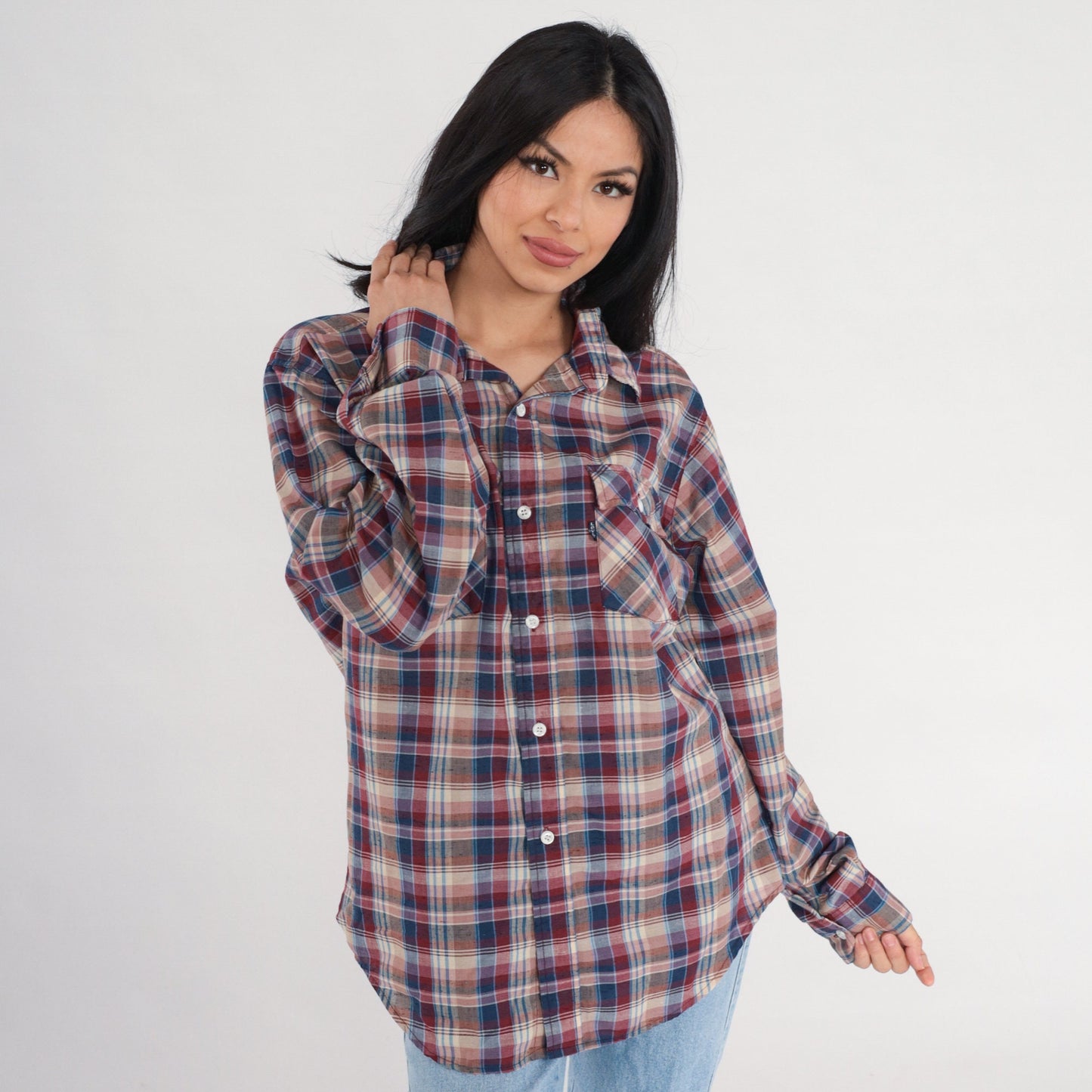 80s Levi's Plaid Button-Up Shirt Long Sleeve Red Blue Tan Large L