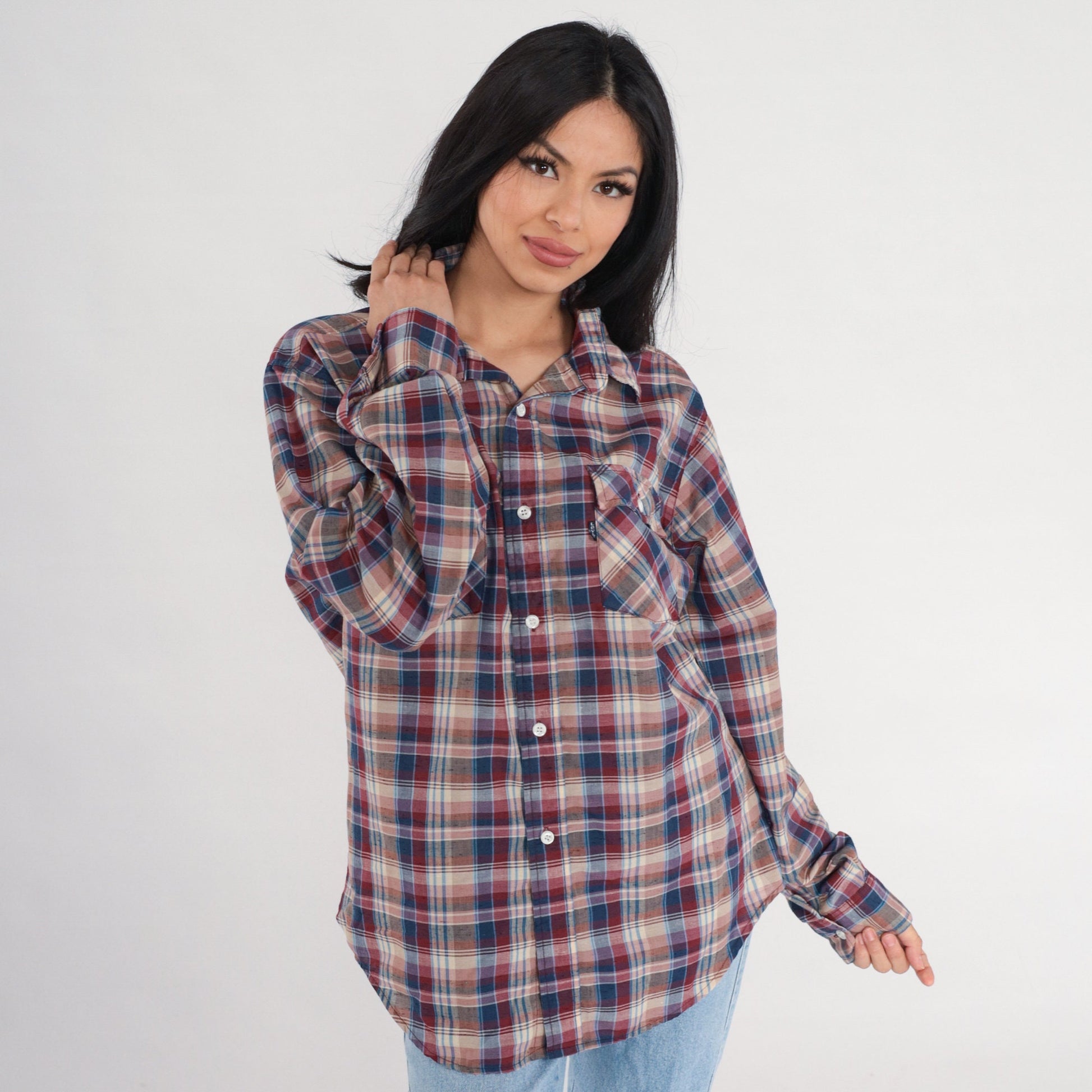 80s Levi's Plaid Button-Up Shirt Long Sleeve Red Blue Tan Large L