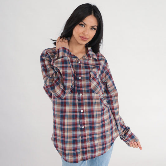 80s Levi's Plaid Button-Up Shirt Long Sleeve Red Blue Tan Large L