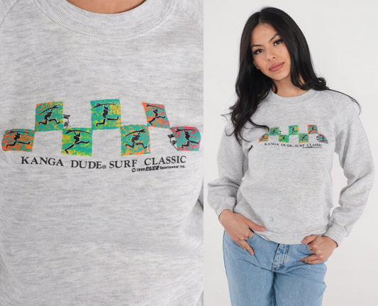 90s Kanga Dude Surf Classic Sweatshirt Heather Grey Raglan XS