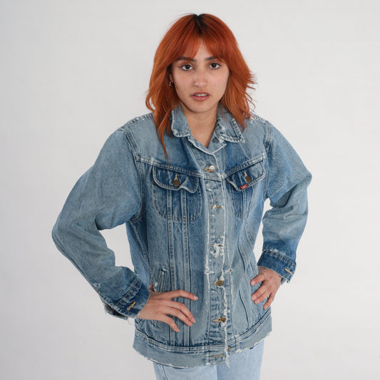80s Lee Denim Jacket Distressed Ripped Blue Wash Trucker Small S