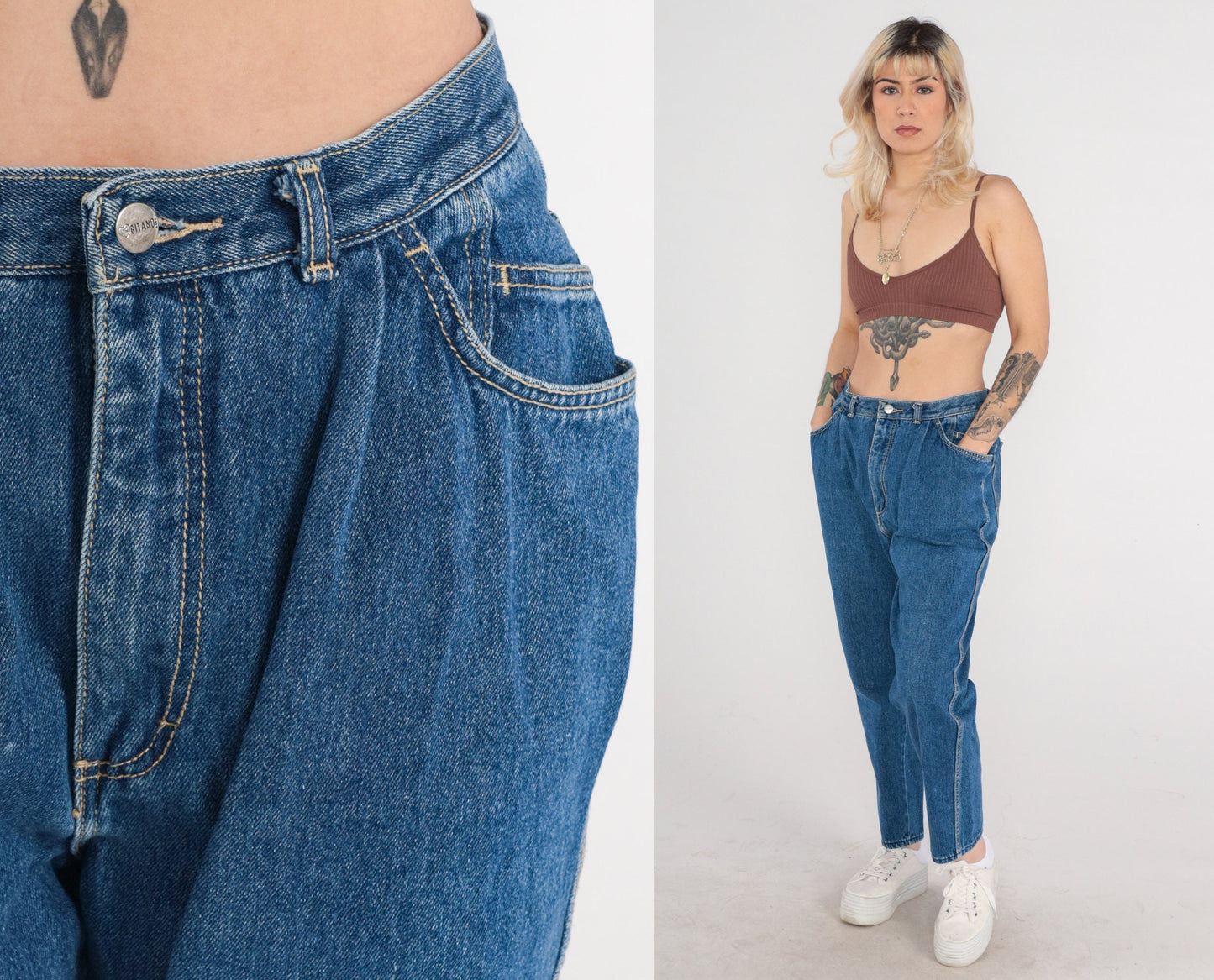 90s High Waisted Pleated Mom Jeans Tapered Denim Blue Medium