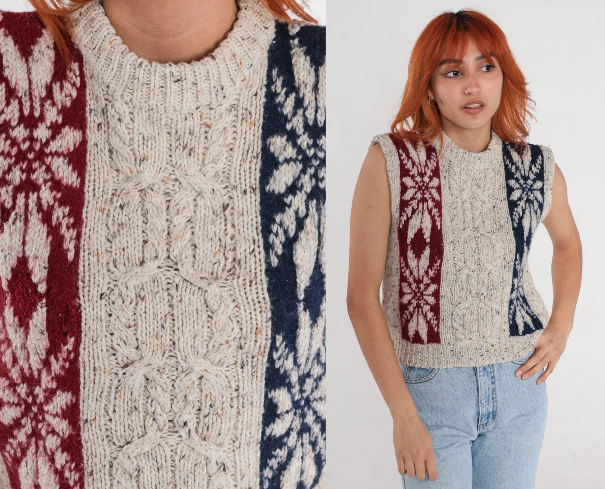 90s Fair Isle Cable Knit Sweater Vest Oatmeal Flecked Nordic Top Extra Small
