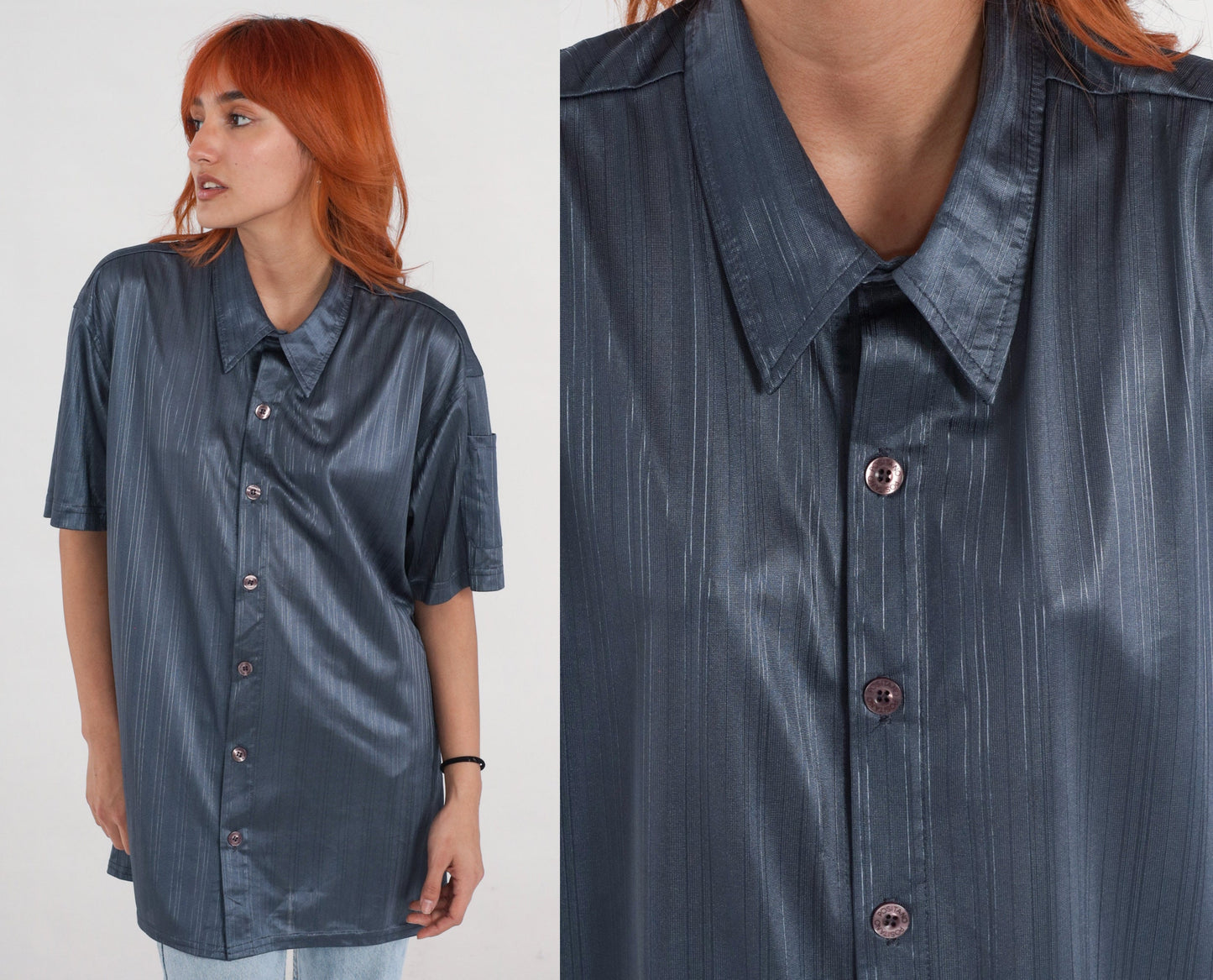 90s Positano Shiny Blue Striped Button-Up Shirt Short Sleeve Men's Large L