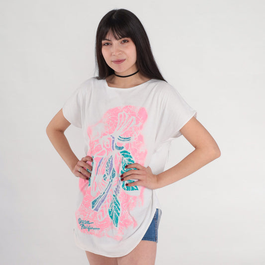 80s Ocean Pacific Tropical Bird T-Shirt Dress White Parrot Graphic Mini Small Medium