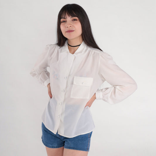 80s White Pleated Blouse Puff Sleeve Collared Button-Up Medium M