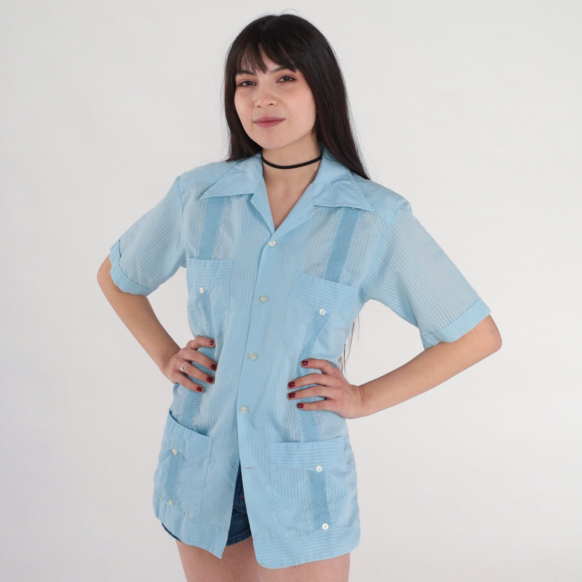 70s Blue Striped Button-Up Shirt Dagger Collar Short Sleeve Men's Small
