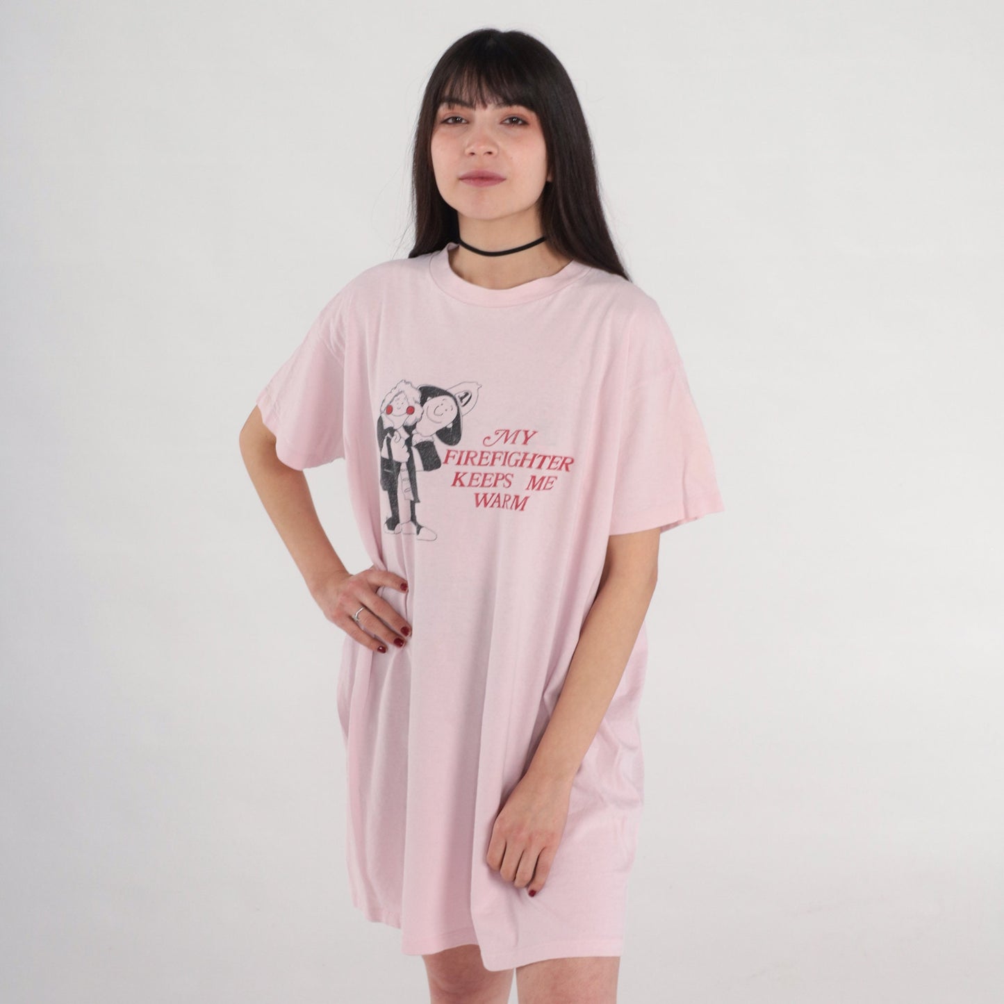 90s Firefighter Keeps Me Warm T-Shirt Dress Baby Pink Sleep Mini Cotton Small