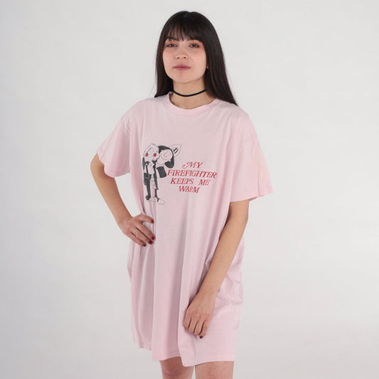 90s Firefighter Keeps Me Warm T-Shirt Dress Baby Pink Sleep Mini Cotton Small