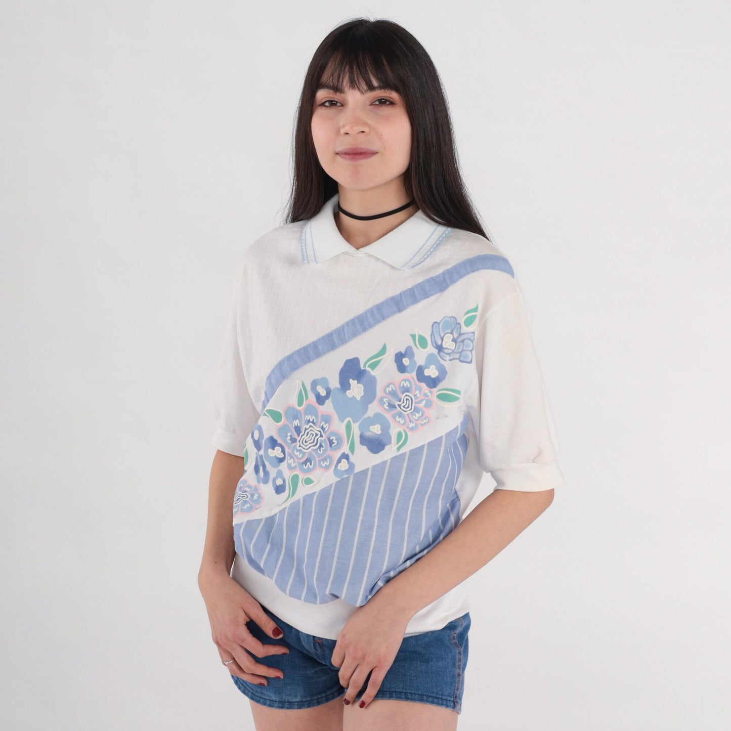 80s Floral Polo Shirt White Blue Striped Ribbed Collar Short Sleeve Medium