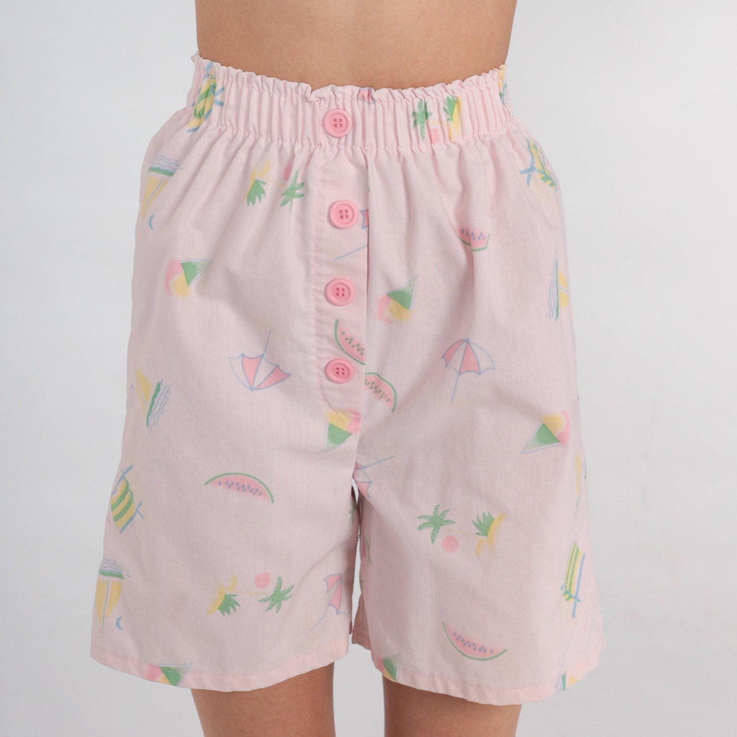 90s Pastel Pink High-Waisted Shorts Watermelon Palm Tree Sailboat Print XXS