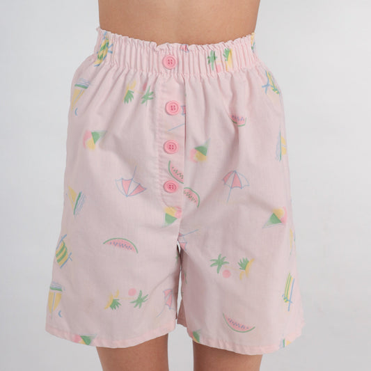 90s Pastel Pink High-Waisted Shorts Watermelon Palm Tree Sailboat Print XXS