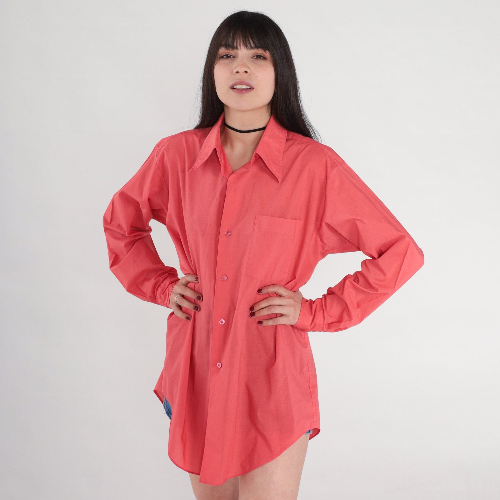 70s Coral Pink Button-Up Shirt Long Sleeve Collared Oxford Large
