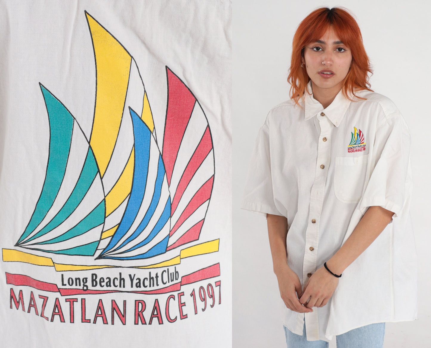90s Long Beach Yacht Club Mazatlan Race 1997 Sailboat Button-Up Shirt White Extra Large