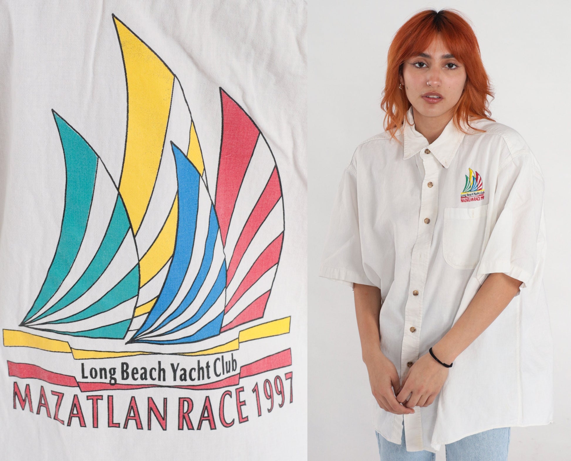 90s Long Beach Yacht Club Mazatlan Race 1997 Sailboat Button-Up Shirt White Extra Large