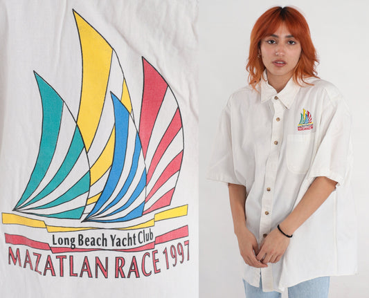 90s Long Beach Yacht Club Mazatlan Race 1997 Sailboat Button-Up Shirt White Extra Large