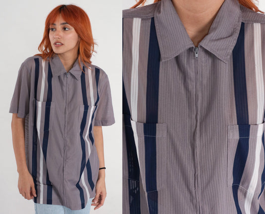 90s Grey Striped Zip-Up Shirt Short Sleeve Semi-Sheer Blouse Medium