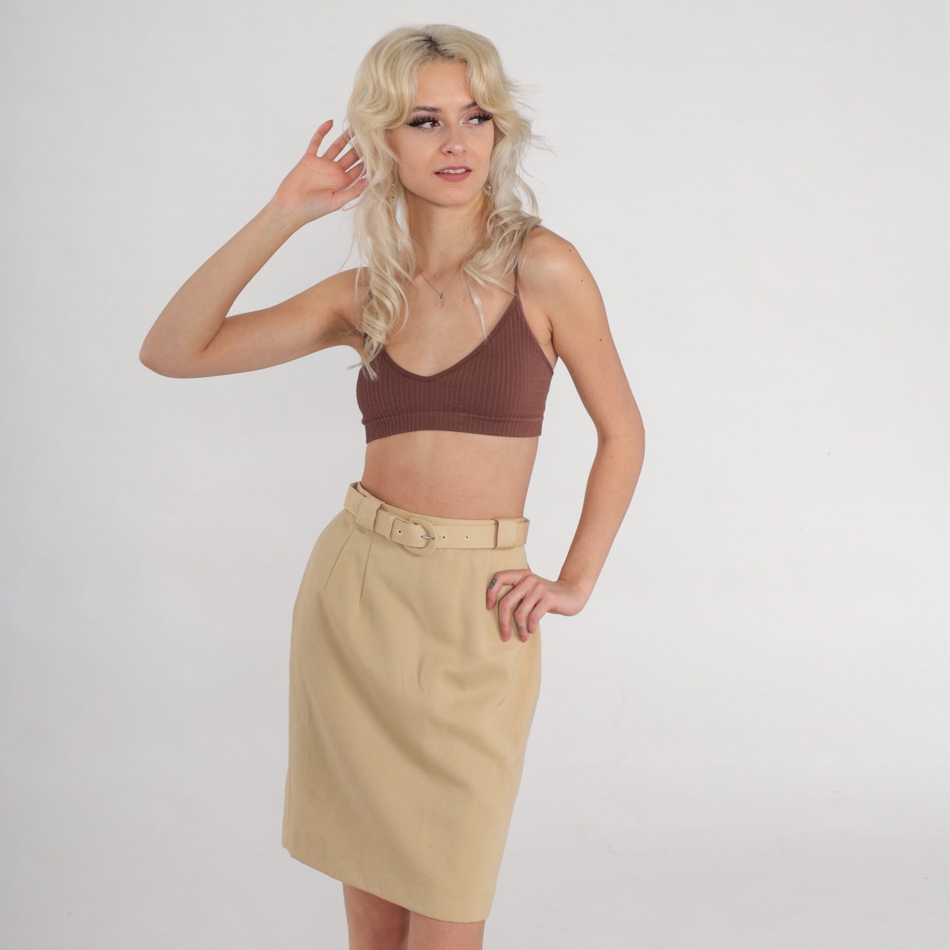 80s Tan Wool Pencil Skirt High Waisted Mini Attached Belt XXS