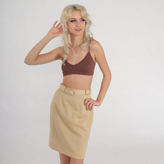 80s Tan Wool Pencil Skirt High Waisted Mini Attached Belt XXS